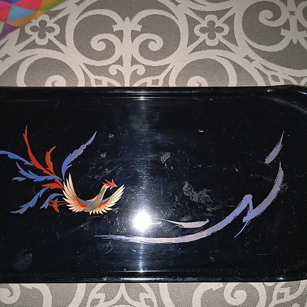 Black Lacquer Asian Bird vintage Vanity Tray